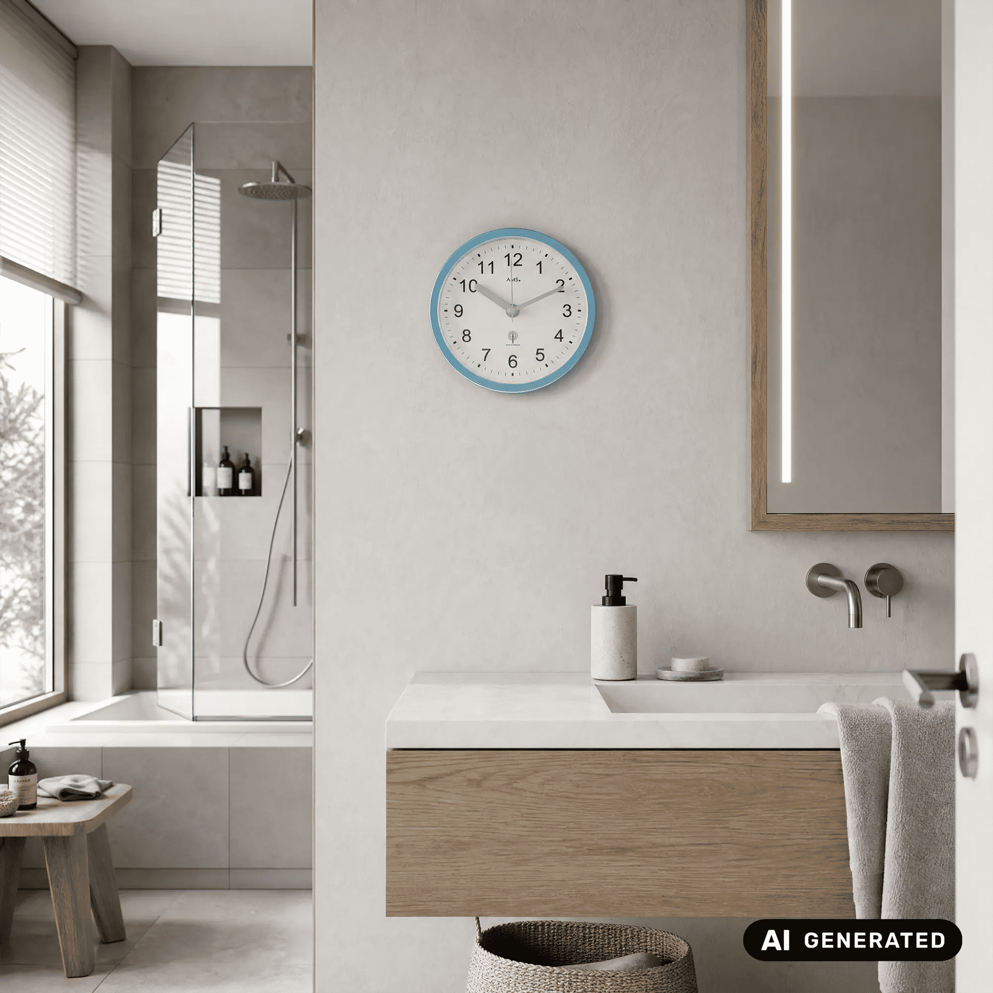 Badezimmer-Wanduhr mit türkisfarbener Einfassung, weißem Ziffernblatt und Uhrzeigern.