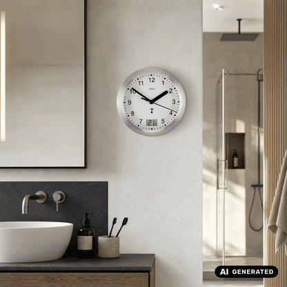 Runde silberne Wanduhr an der Wand, weißes Zifferblatt, schwarze Zeiger, Digitalanzeige 21