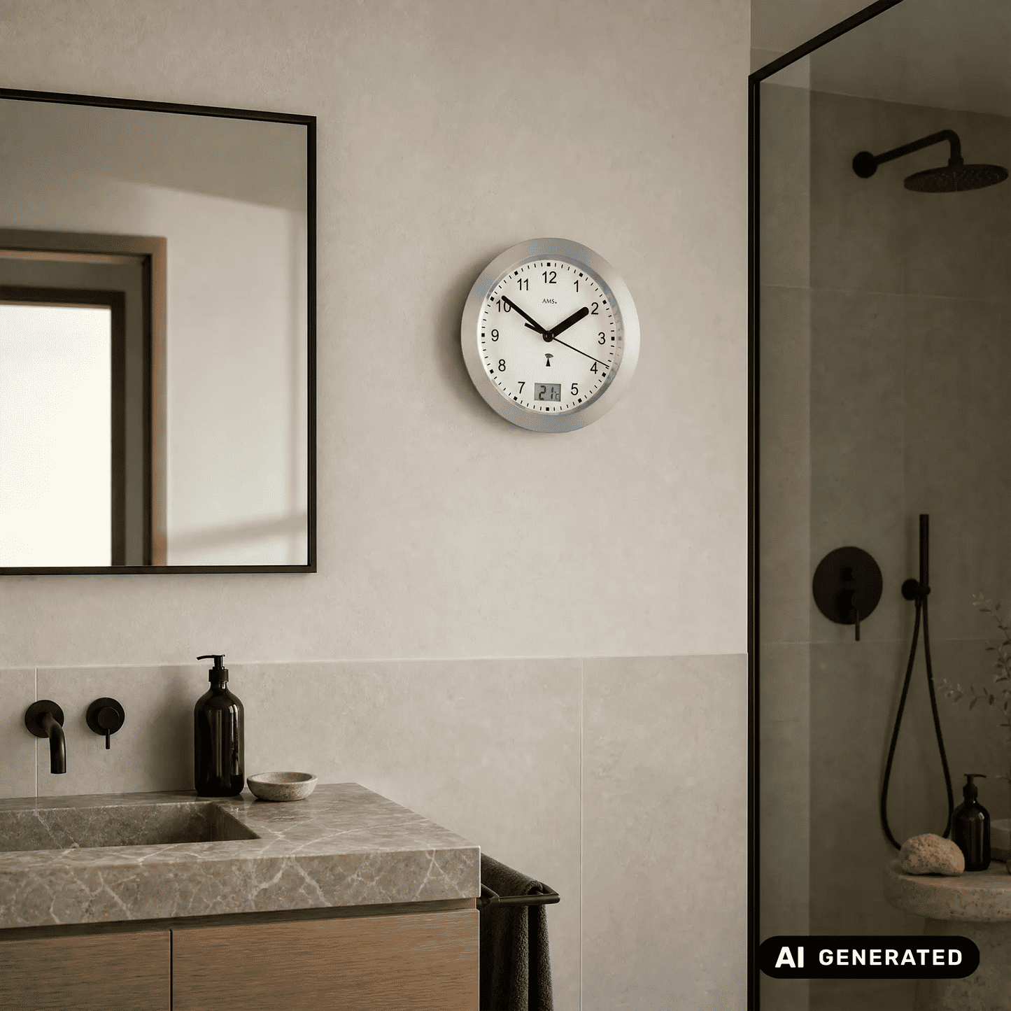 Runde Badezimmeruhr an der Wand mit anthrazitfarbenem Rahmen, weißen Ziffern und Temp.-Display