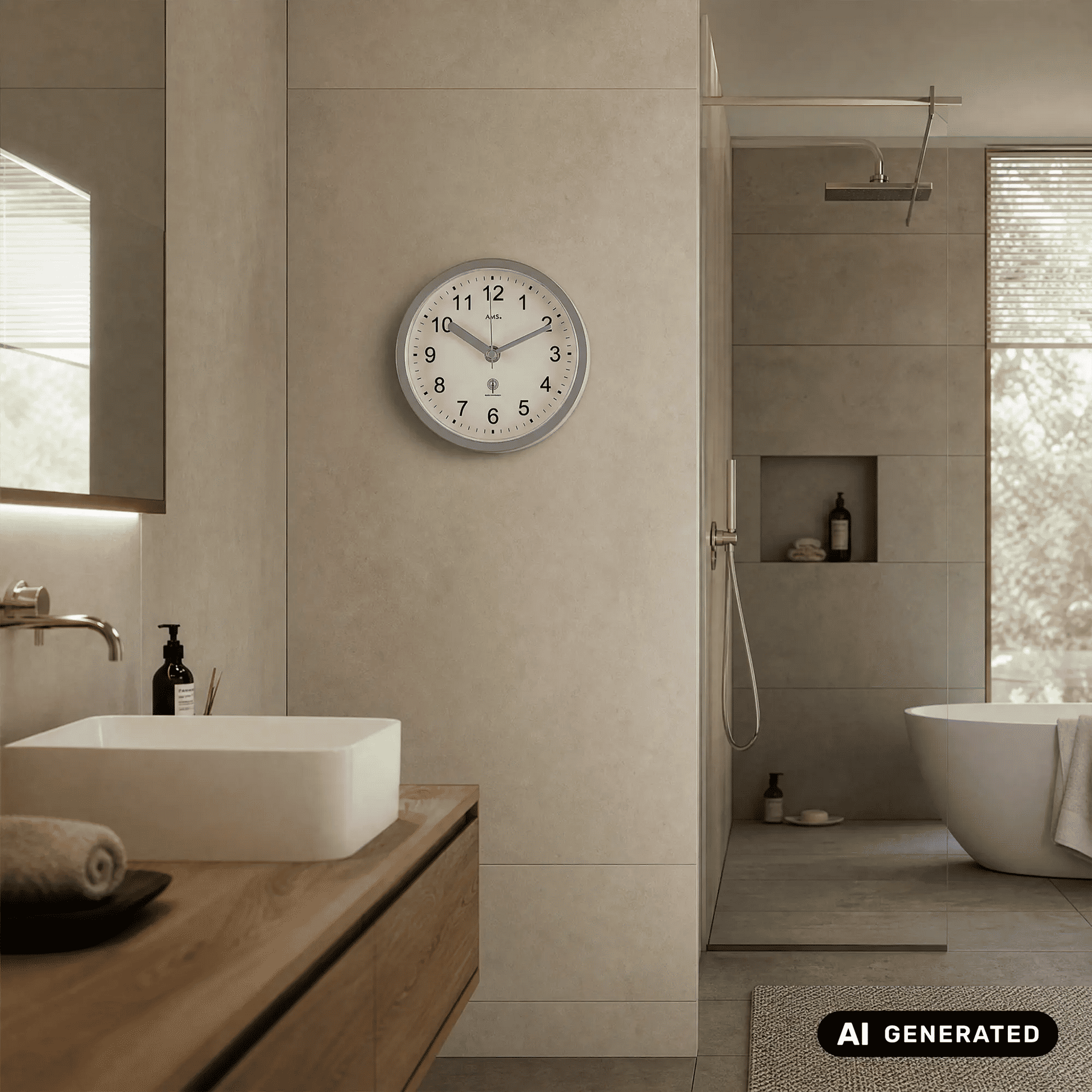 Badezimmer-Wanduhr mit silbernem Gehäuserand und weißem Ziffernblatt, schwarzen Ziffern