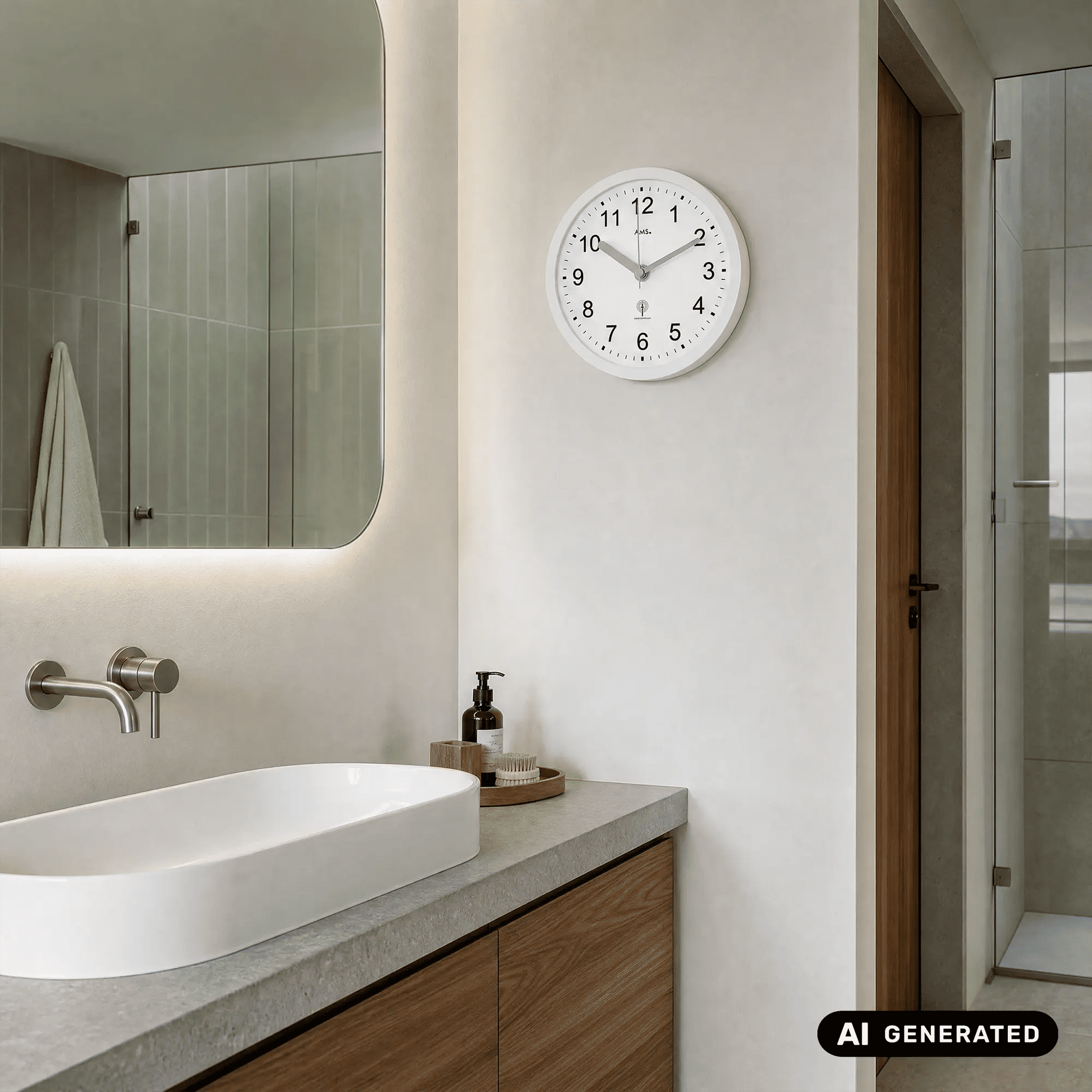 Weiße runde AMS Wanduhr an der Wand mit schwarzen Ziffern und analogen Zeigern