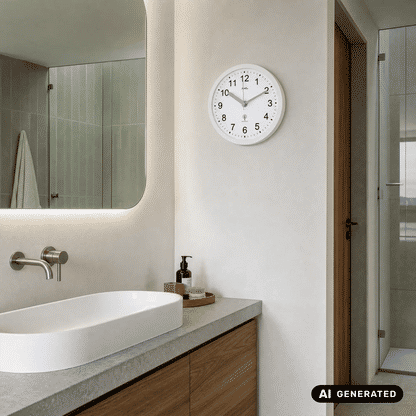 Weiße runde AMS Wanduhr an der Wand mit schwarzen Ziffern und analogen Zeigern