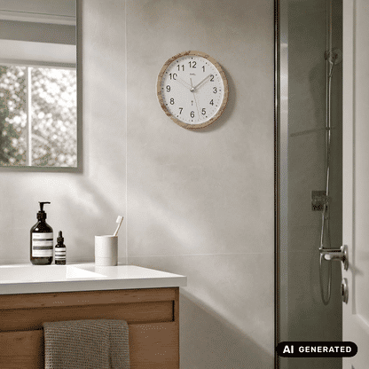 Runde Wanduhr mit Holzoptik-Rahmen, weißem Zifferblatt und arabischen Ziffern