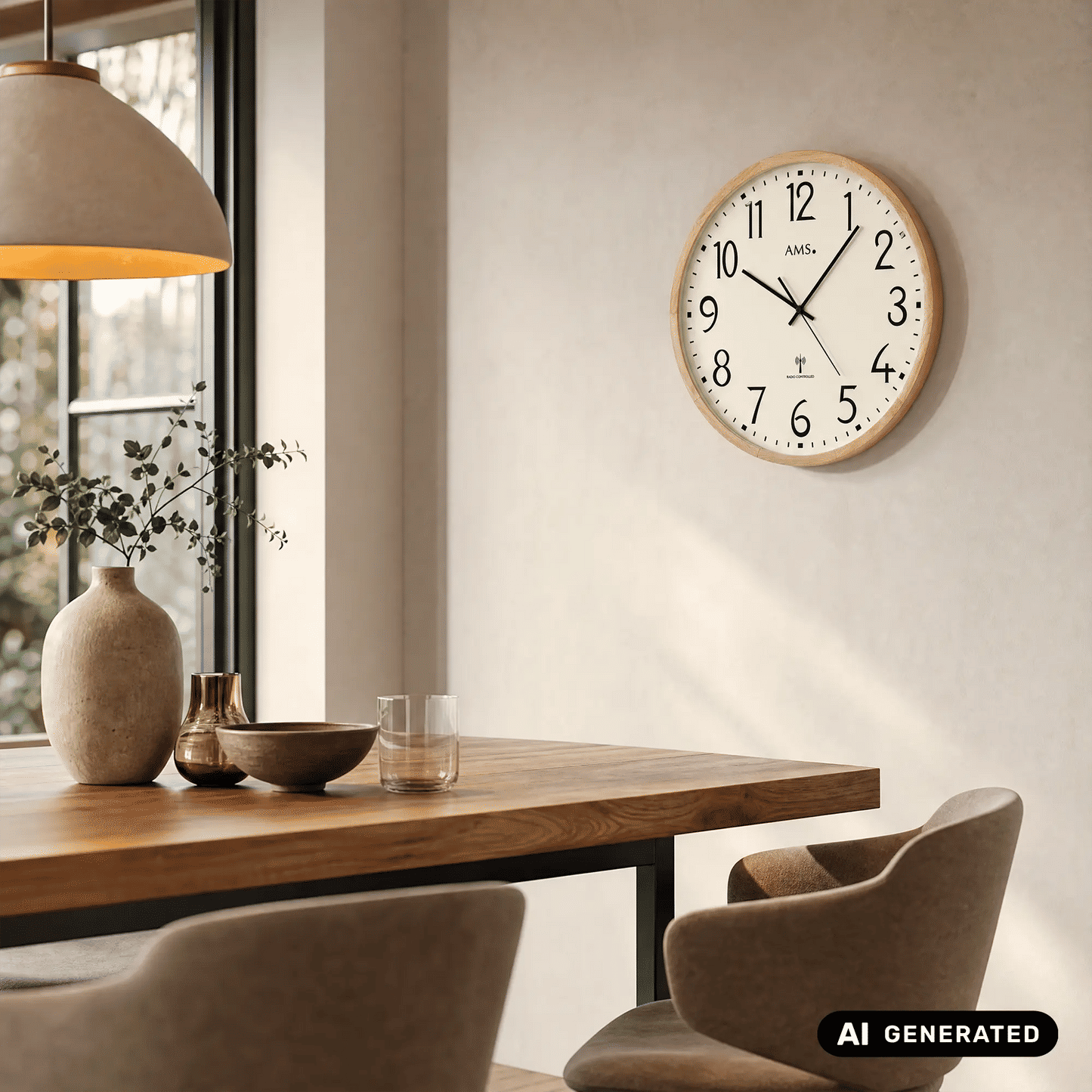 AMS Wanduhr mit hellem Holzrahmen, beigem Zifferblatt und Funkuhrwerk