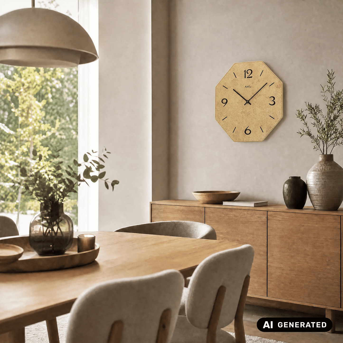 Holz-Wanduhr mit bedrucktem Zifferblatt und schwarzen Zeigern, achteckig