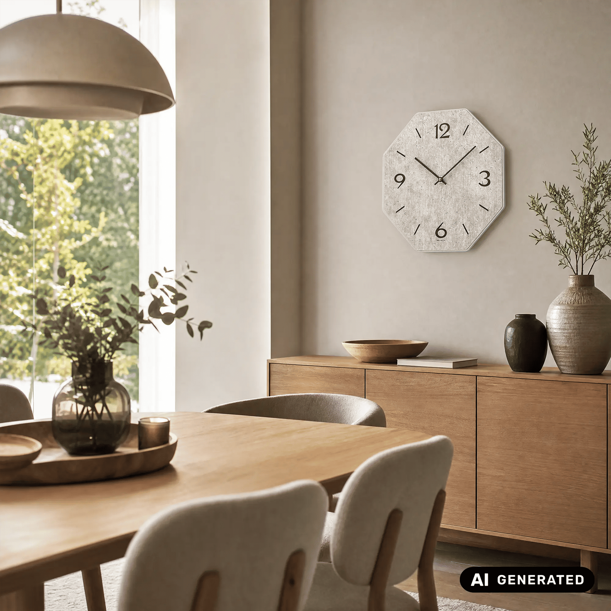 Achteckige Wanduhr mit Holzgehäuse und bedrucktem grauen Zifferblatt