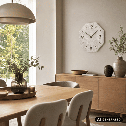 Achteckige Wanduhr mit Holzgehäuse und bedrucktem grauen Zifferblatt