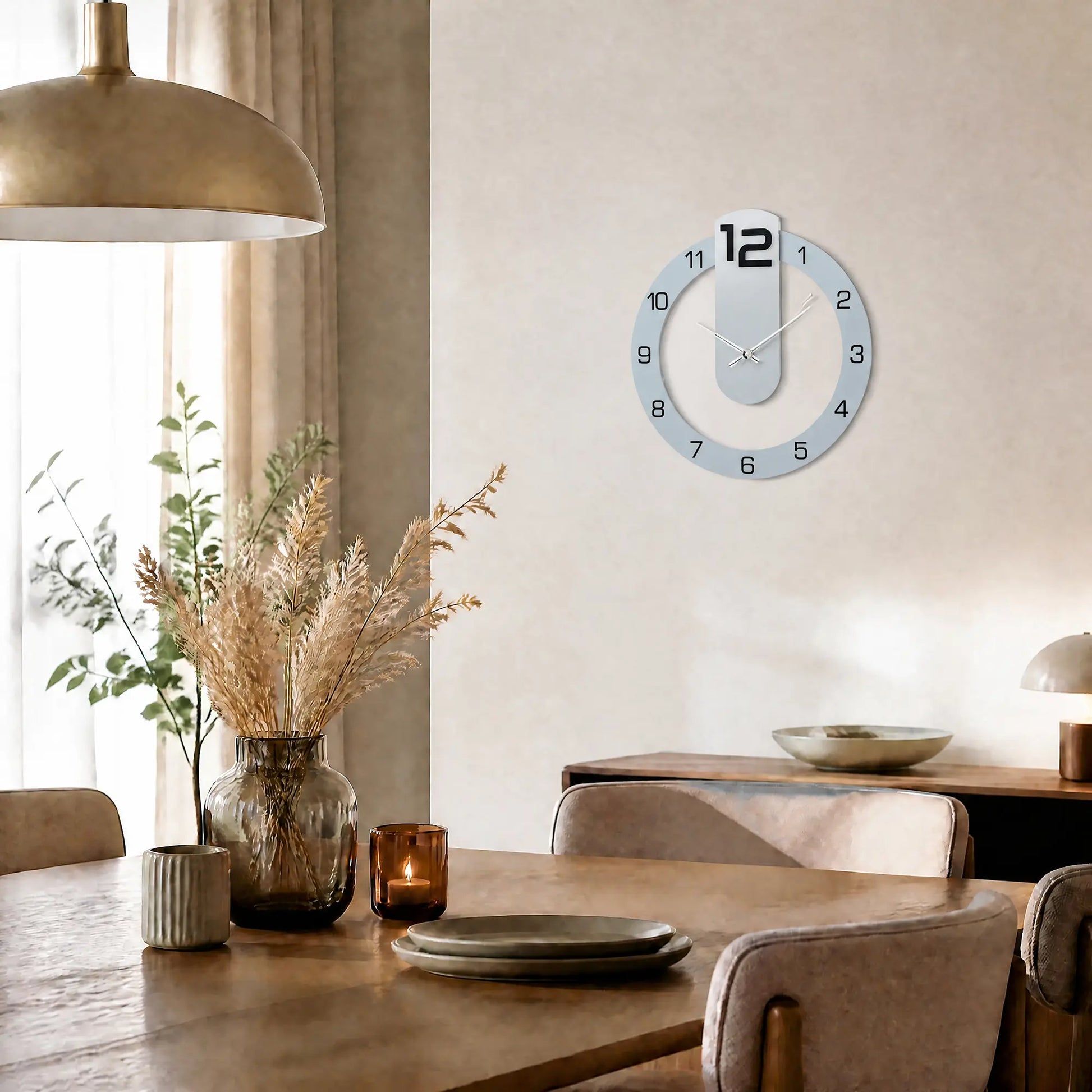 Wall clock with light gray dial, blue ring, black numbers, and silver hands