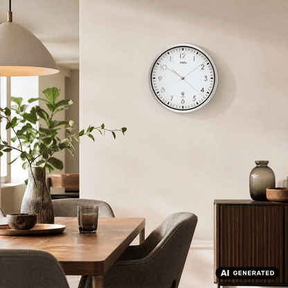 Runde Funkwanduhr mit weißem Ziffernblatt und silbernem Aluminium-Rahmen