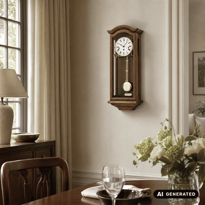 Regulator-Wanduhr an der Wand mit weißem Ziffernblatt, Pendel und Zierstäben