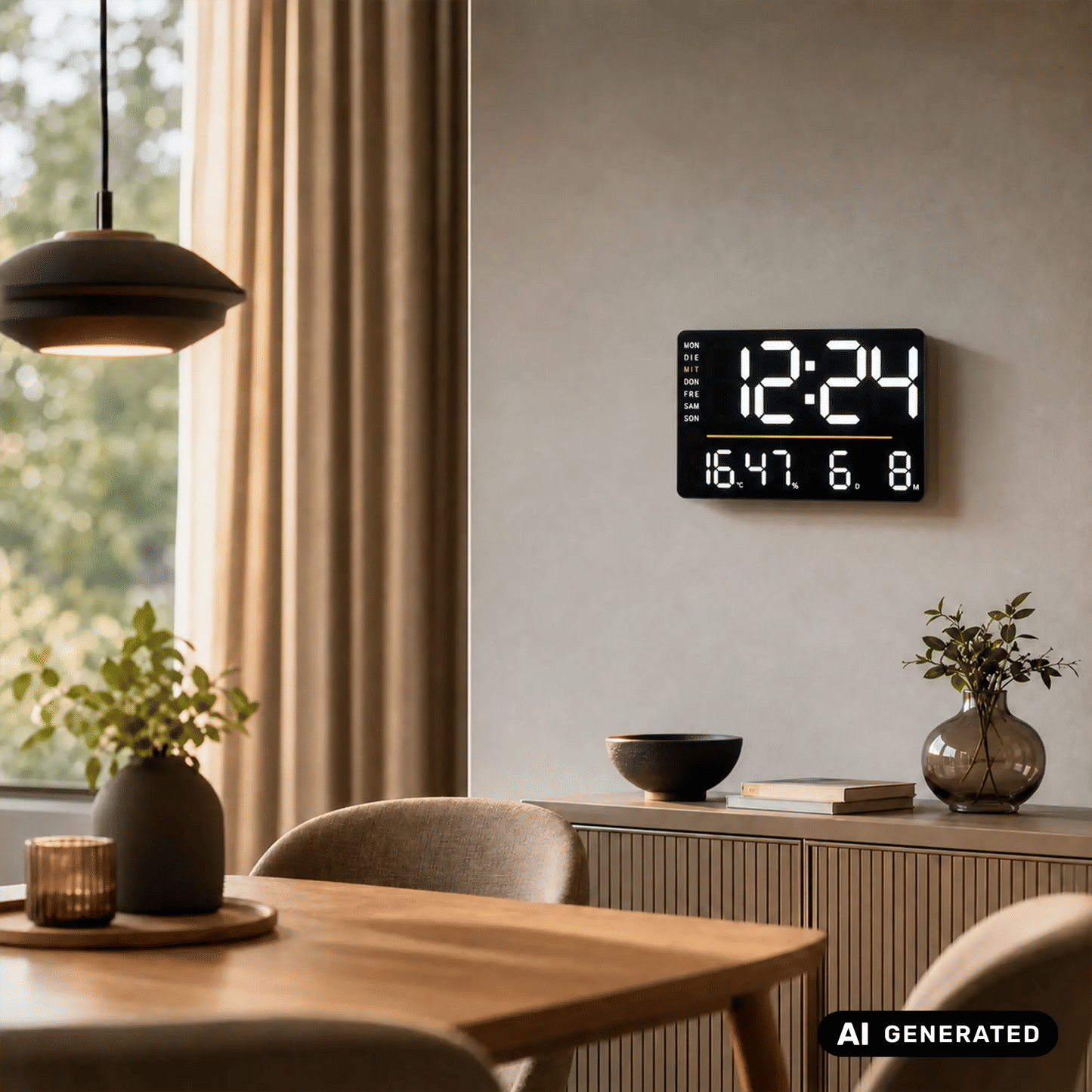 Wanduhr mit LED-Display, Thermometer, schwarzem Gehäuse und hellen Ziffern
