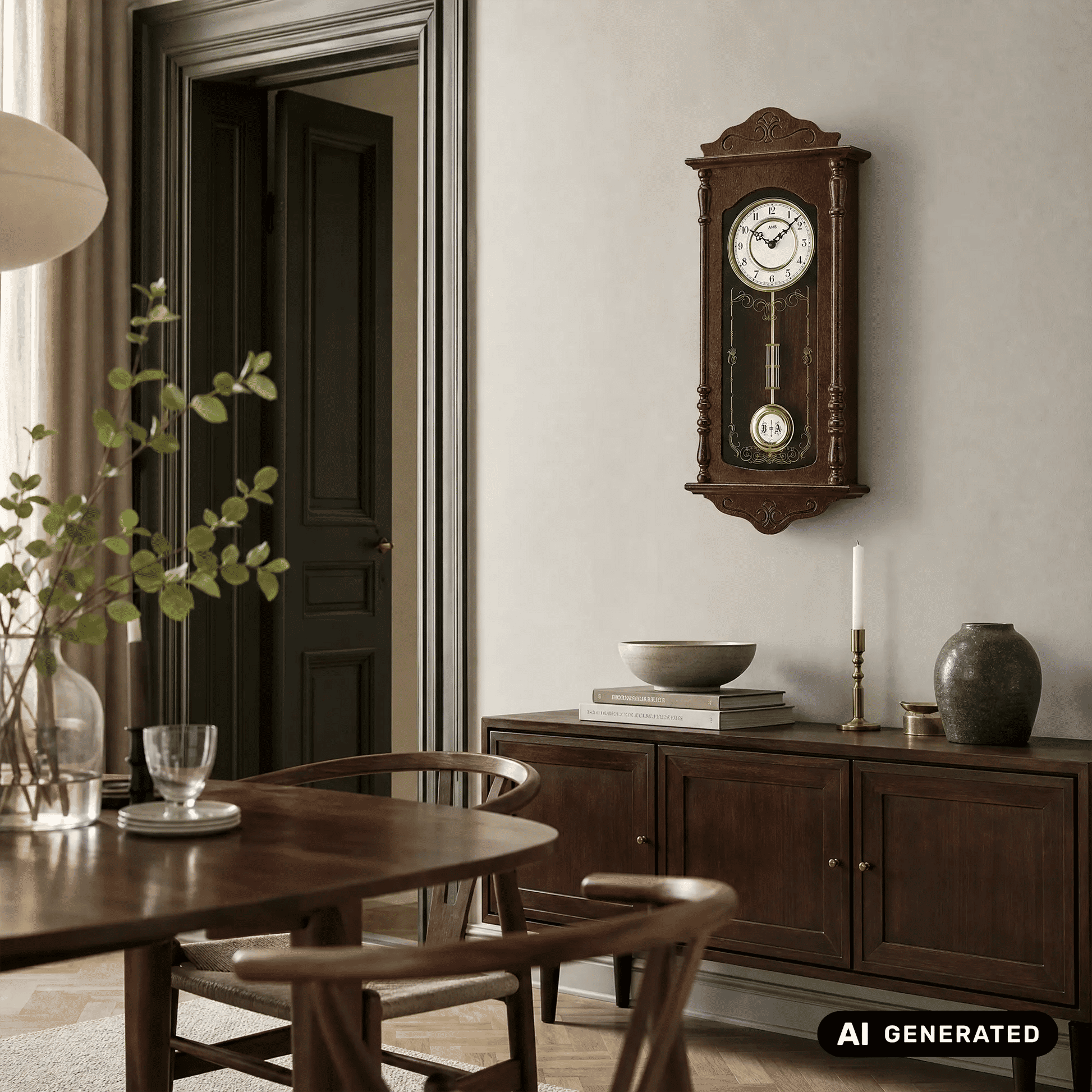 Nussbaum-Wanduhr mit Pendel und Zifferblatt an der Wand im Wohnraum