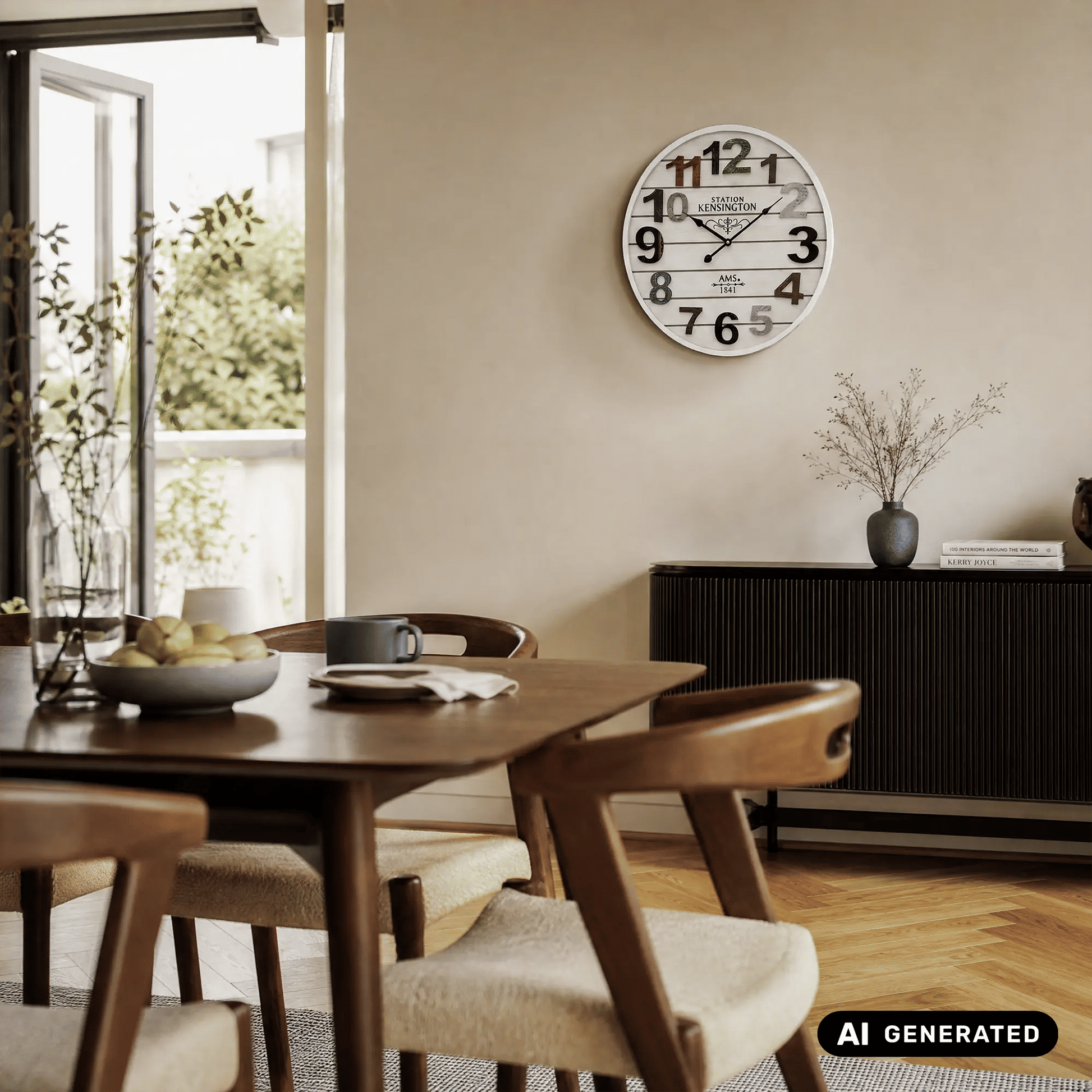 Wanduhr an der Wand mit weißem Ziffernblatt, aufgesetzten Zahlen und Holzgehäuse