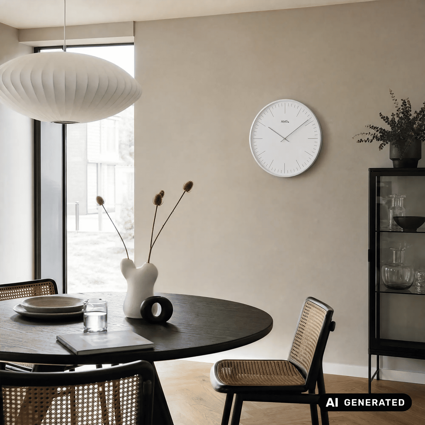 Wanduhr an der Wand: weißes Zifferblatt, silberner Ring und Zeiger im Kreuzgriff