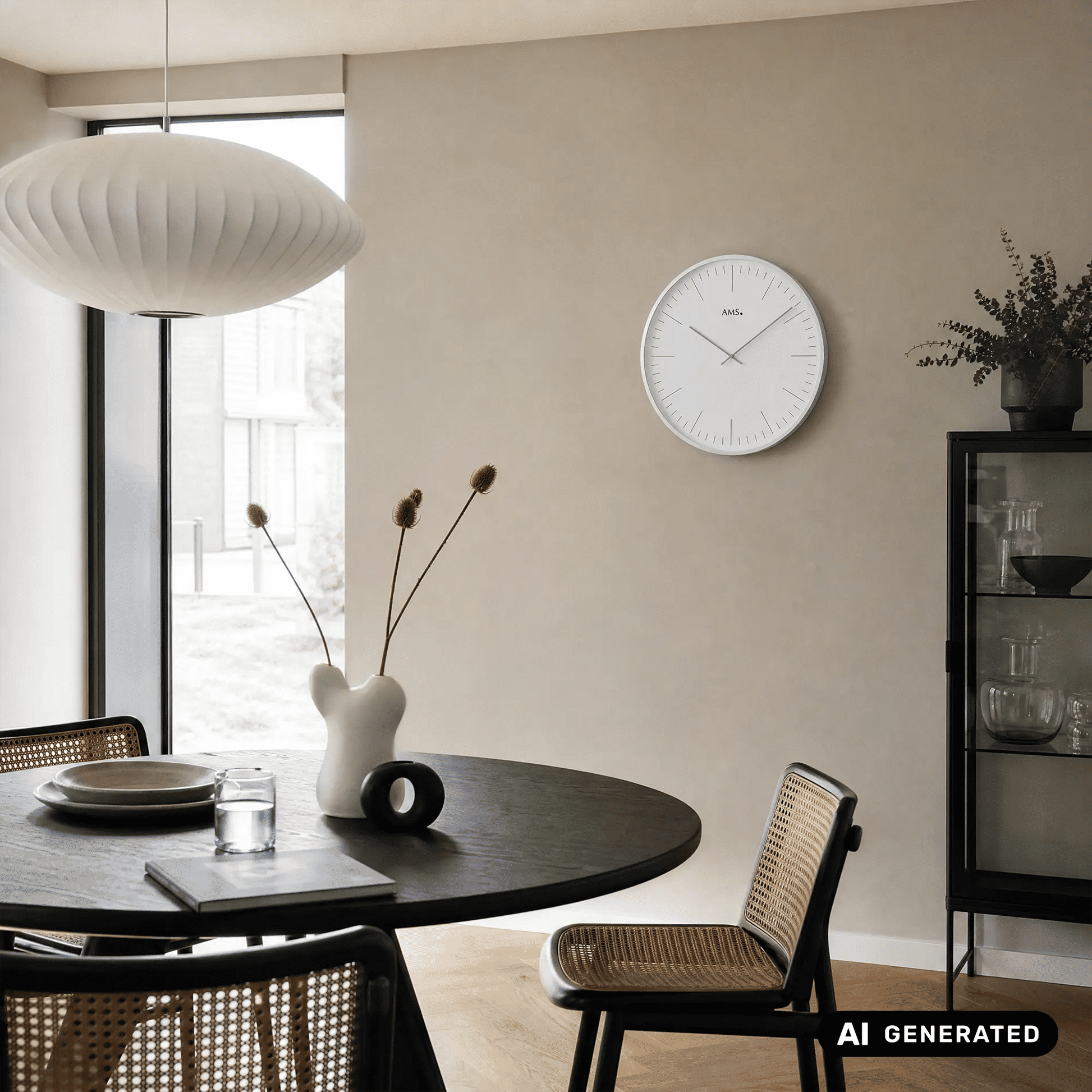 Wanduhr an der Wand: weißes Zifferblatt, silberner Ring und Zeiger im Kreuzgriff