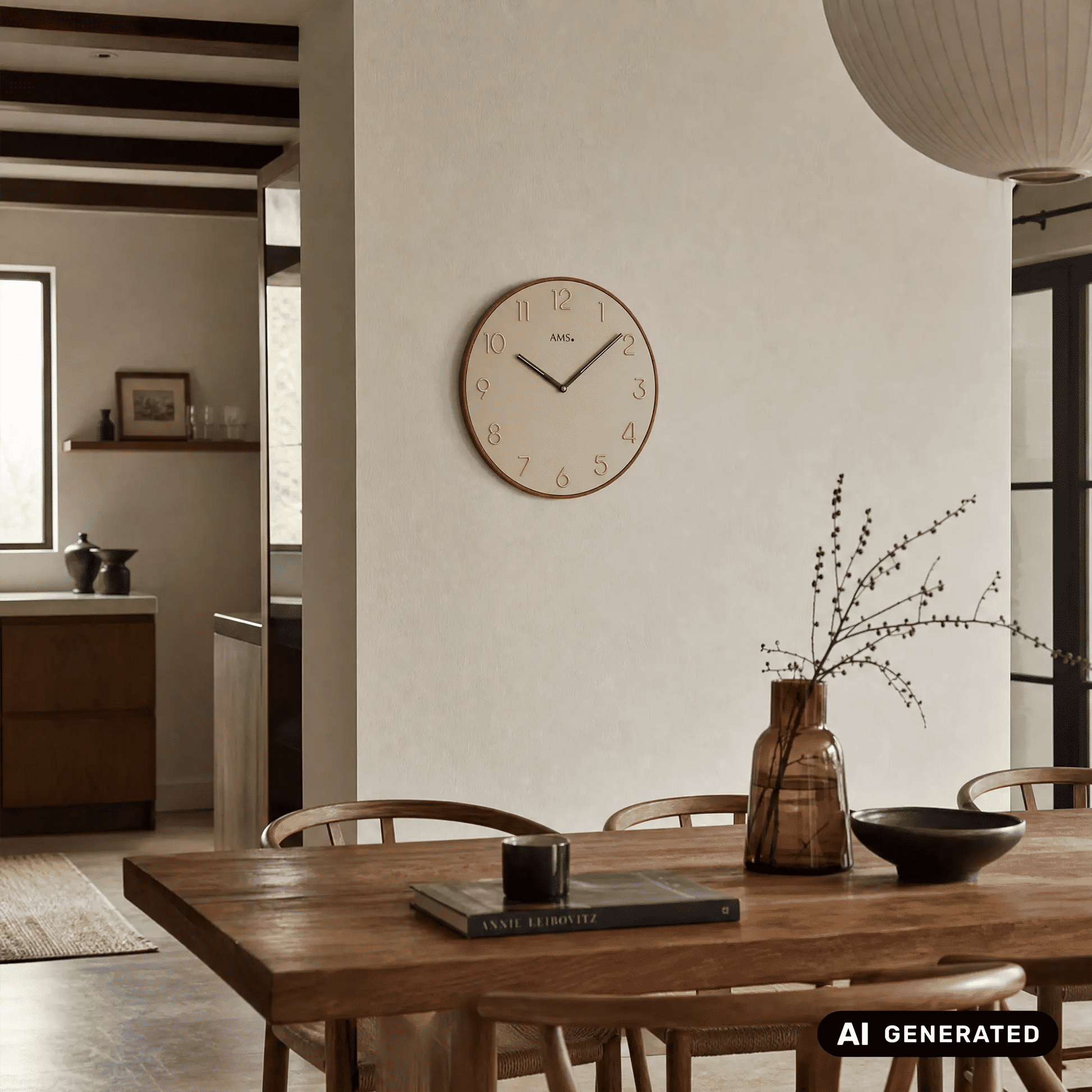 Wanduhr mit Holzrahmen, beigem Zifferblatt, goldenen Ziffern und Zeigern im Runddesign