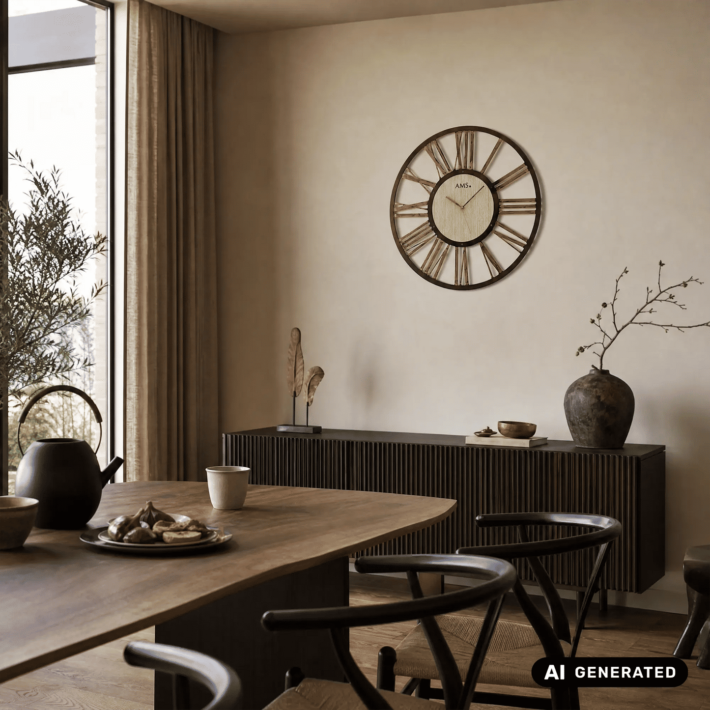 Wanduhr: rundes Design mit Holz-Zifferblatt, Metallumrandung und goldfarbenen Strahlen (AMS).