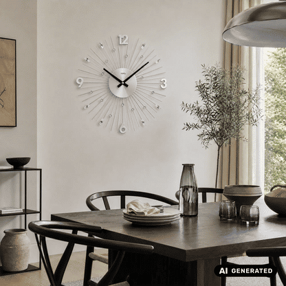Wanduhr mit Sternform aus Metallstäben, silbernem Zifferblatt und schwarzen Zeigern