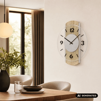 Wanduhr an der Wand: Sonoma-Eiche-Holzrahmen, facettiertes Glas, hellgraues Zifferblatt mit Zahlen