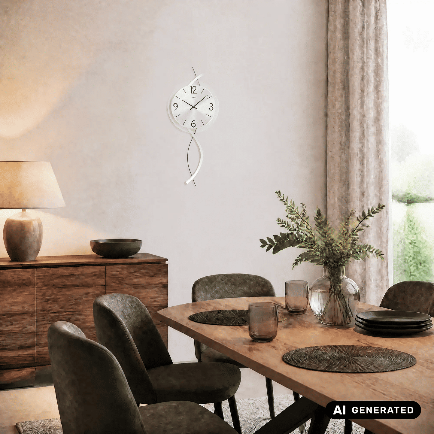 Wanduhr mit rundem Ziffernblatt, Holzgehäuse und facettiertem Mineralglas