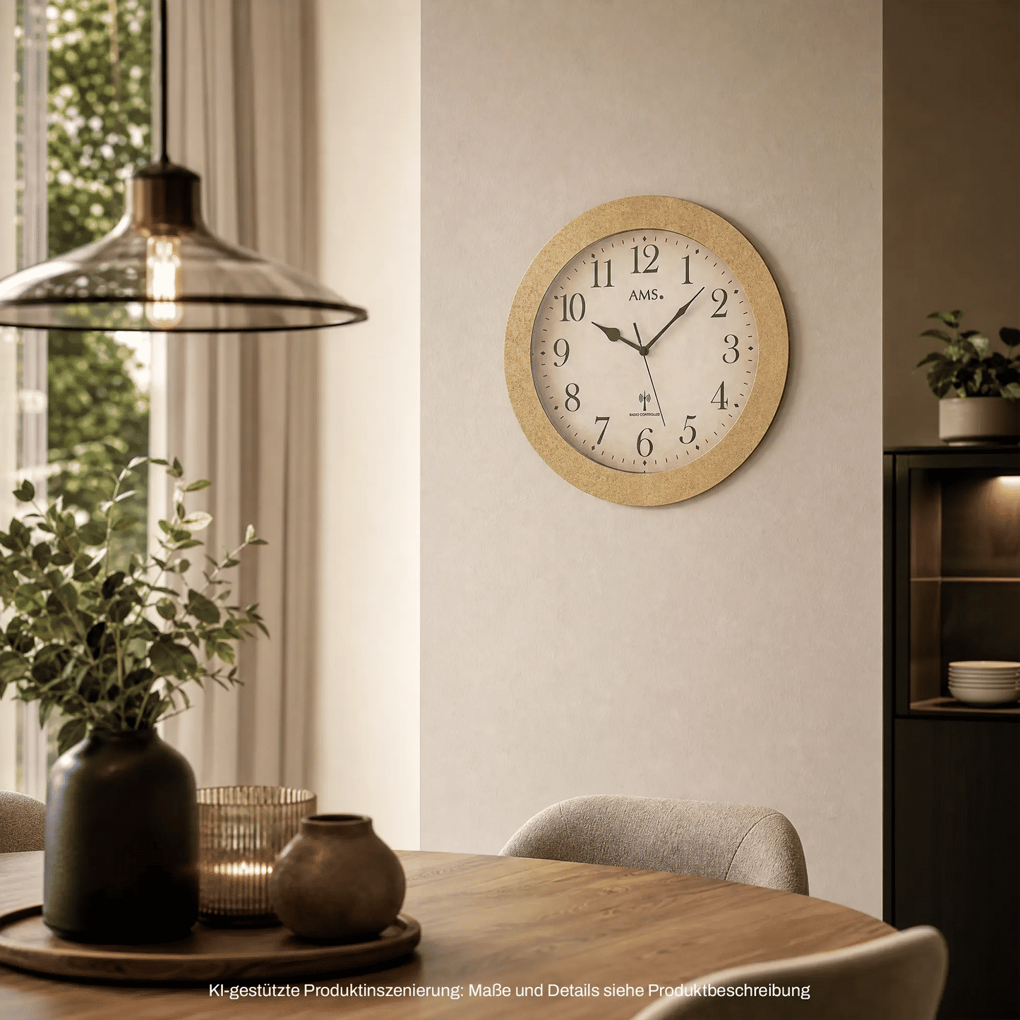 Wall clock on the wall, round beige wood design, white dial with hands