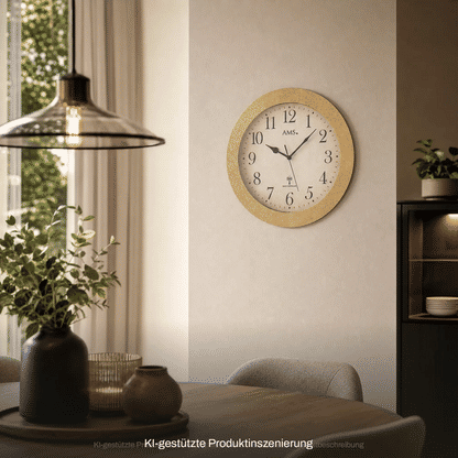 Wanduhr: antik-messingfarbener Rahmen, Mineralglas, rundes Zifferblatt mit AMS