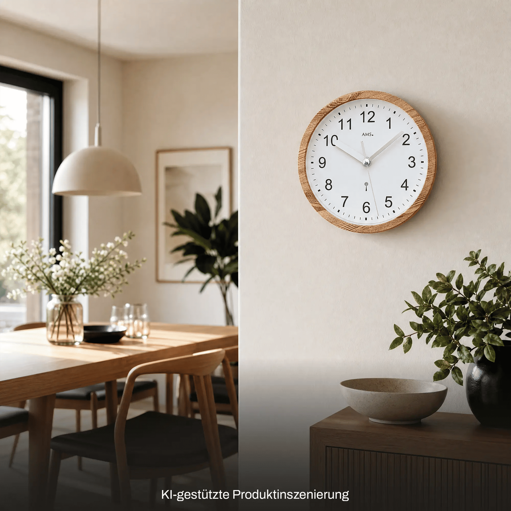Wanduhr mit Holzoptik-Rahmen und weißem Zifferblatt, schwarze Ziffern