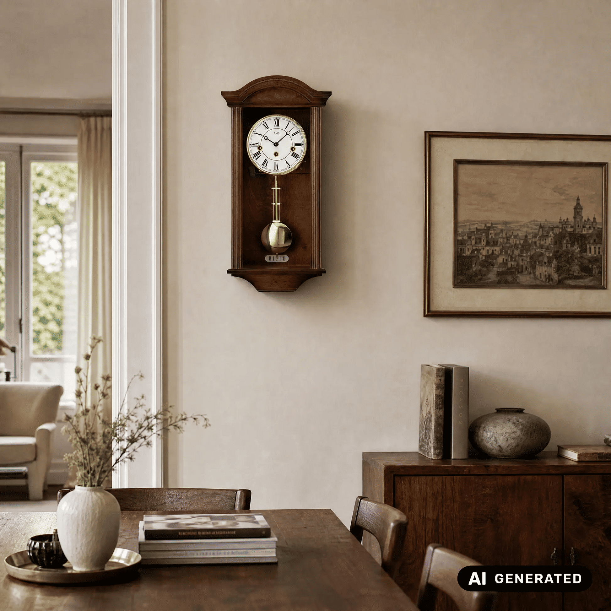 Nussbaumfarbene Wanduhr an der Wand mit weißem Ziffernblatt und goldfarbener Pendelkugel