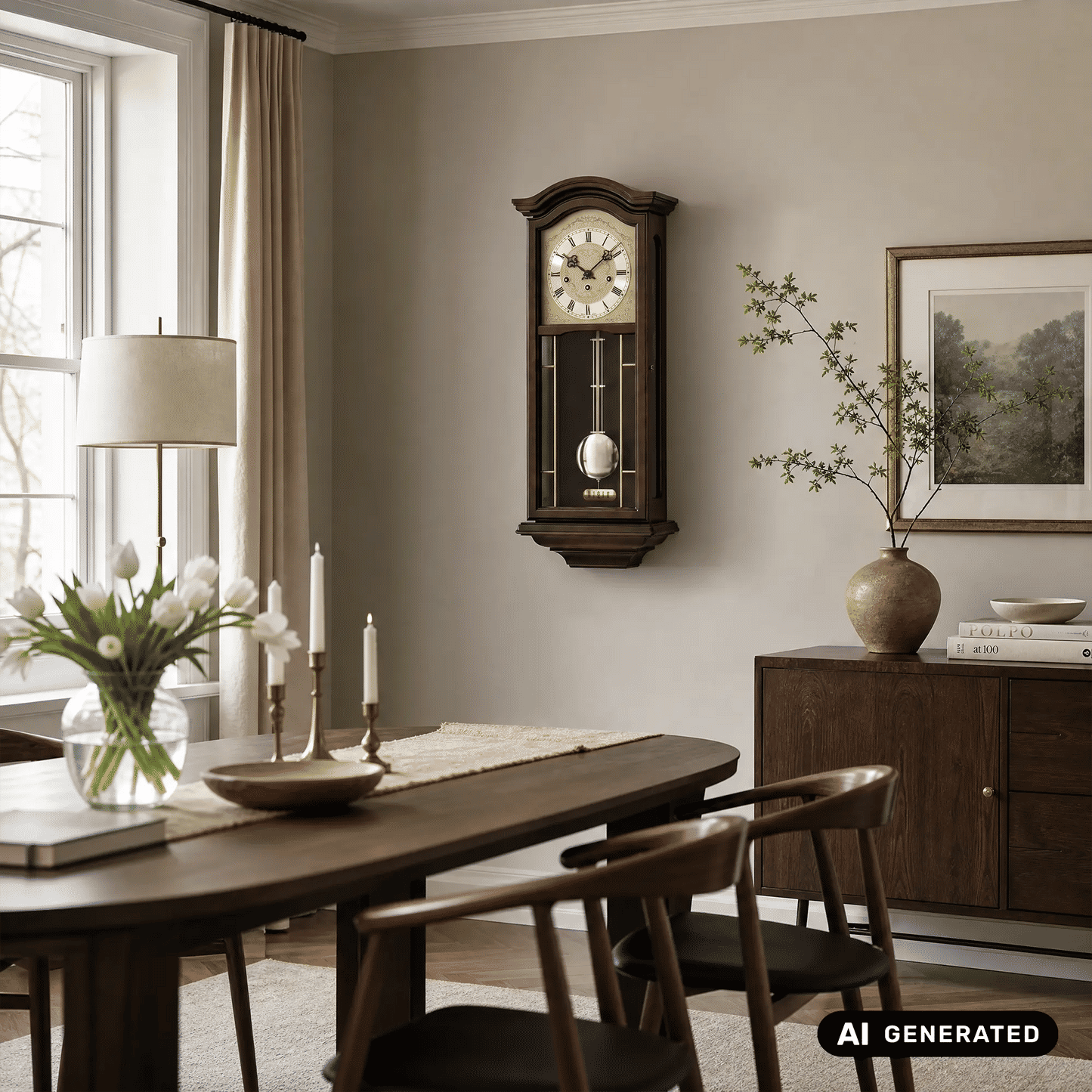 Nussbaum-Wanduhr an der Wand, rundes Zifferblatt mit Pendel und Kettengewicht