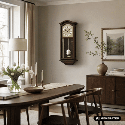 Nussbaum-Wanduhr an der Wand, rundes Zifferblatt mit Pendel und Kettengewicht