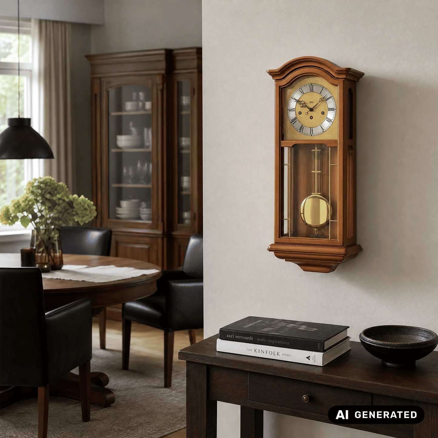 Wanduhr an der Wand mit Holzgehäuse und Pendelgewicht im unteren Sichtfenster
