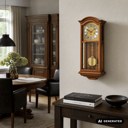 Wanduhr an der Wand mit Holzgehäuse und Pendelgewicht im unteren Sichtfenster