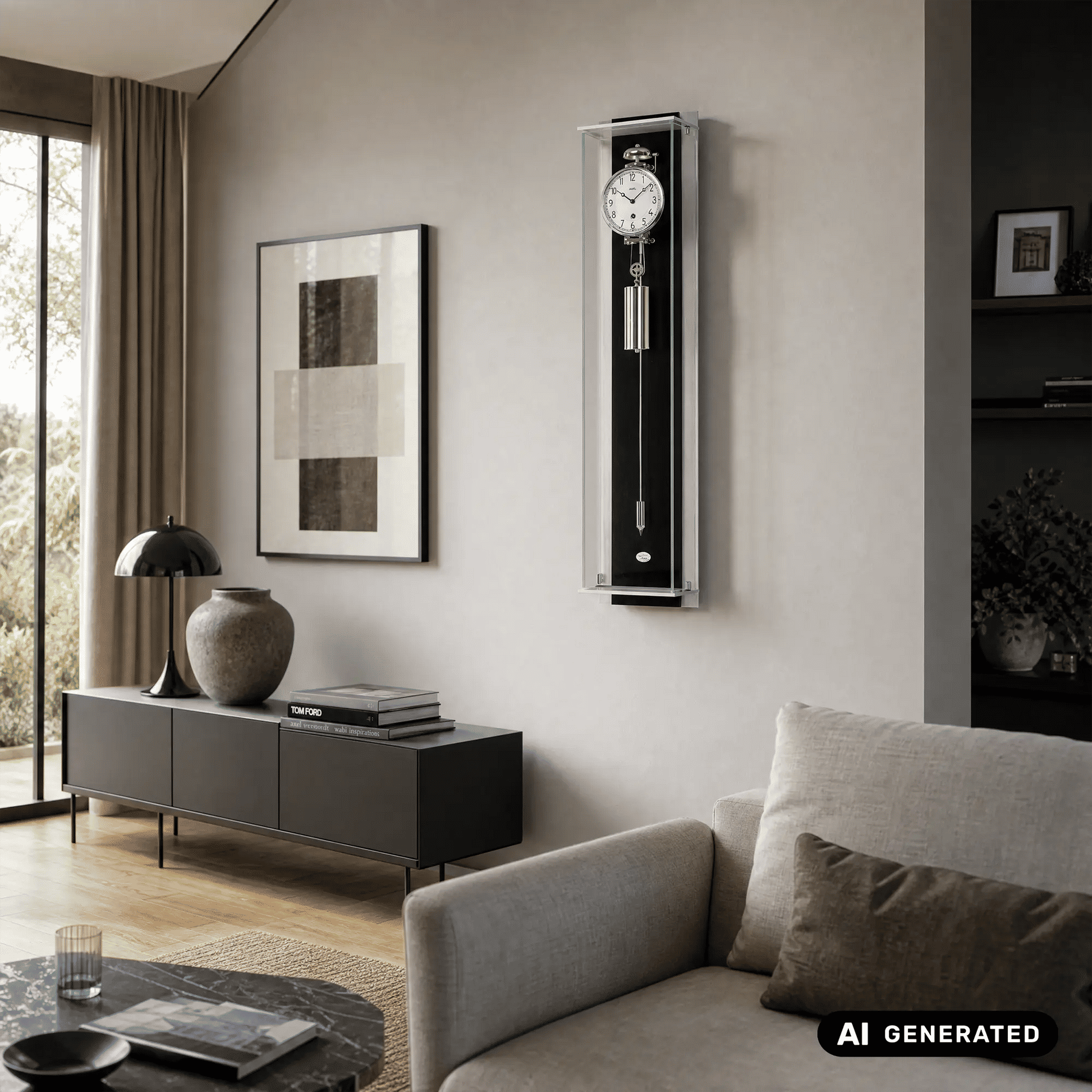 Wanduhr im schmalen Glasrahmen an der Wand, schwarzes Gehäuse mit Pendelmechanik