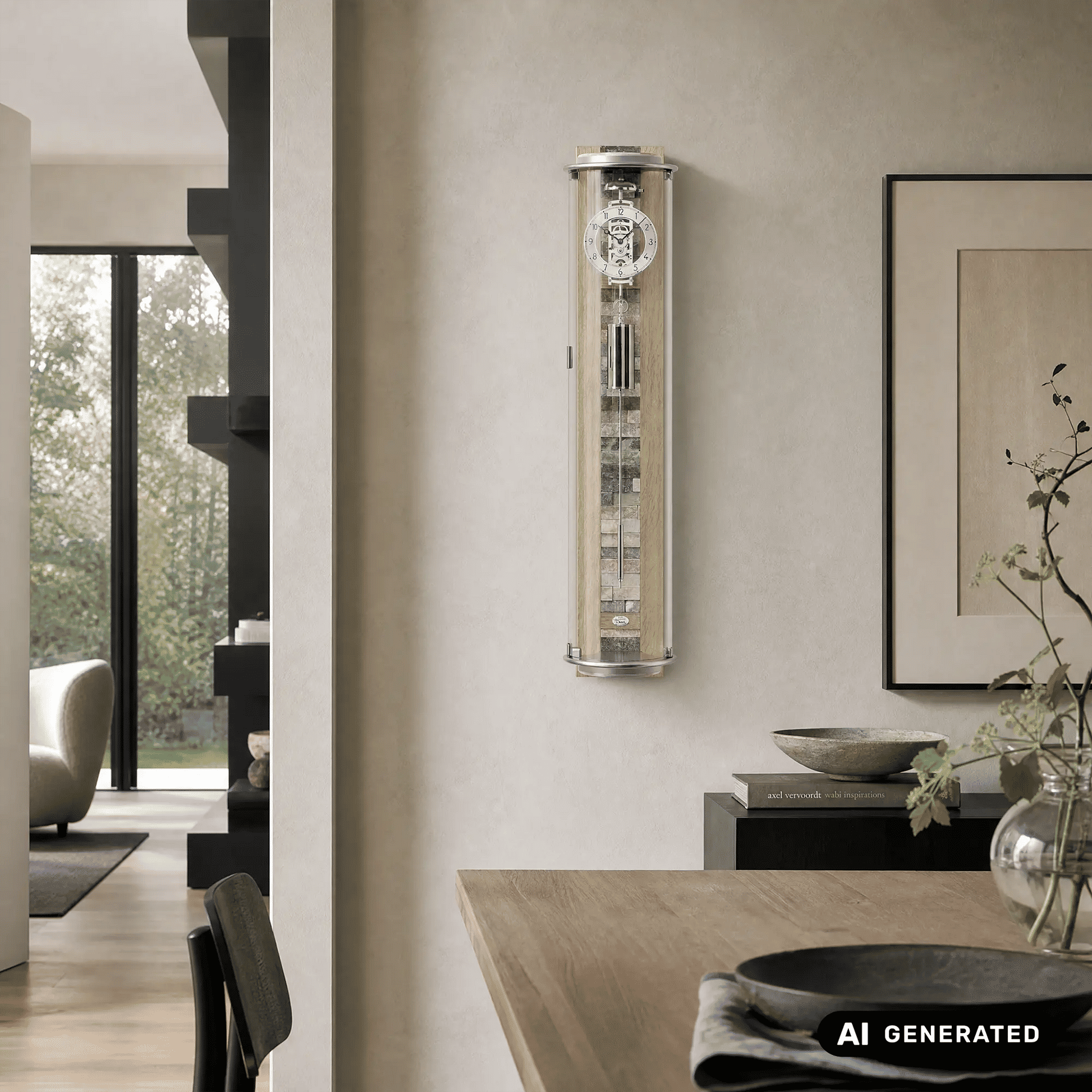 AMS Wanduhr Regulator mit Glasfront, Pendel und Sonoma-Eichenrahmen an der Wand