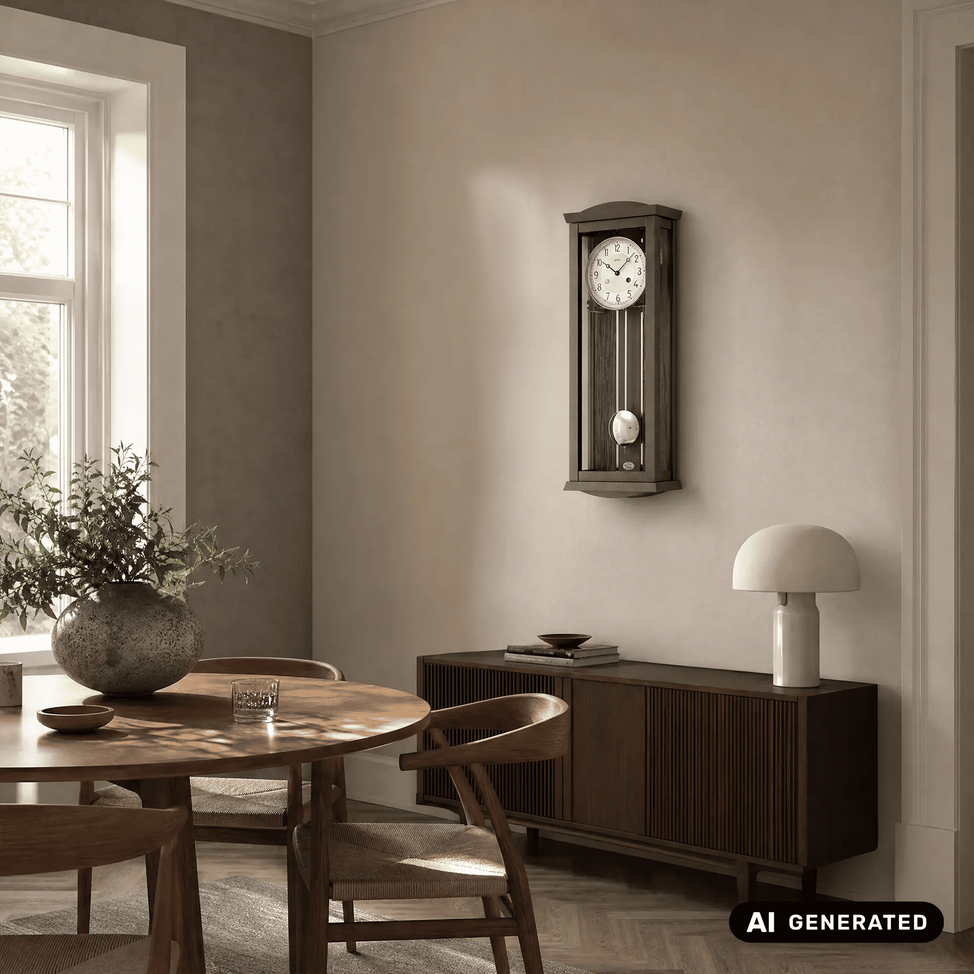 Wanduhr in Anthrazit an der Wand mit rundem Zifferblatt und Pendel