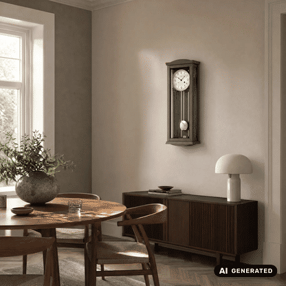 Wanduhr in Anthrazit an der Wand mit rundem Zifferblatt und Pendel