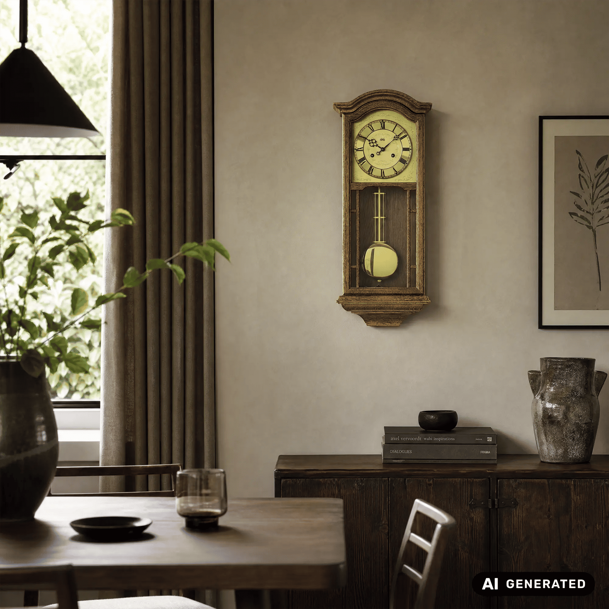 Wanduhr an der Wand aus Eichenholz mit analogem Zifferblatt und Pendel