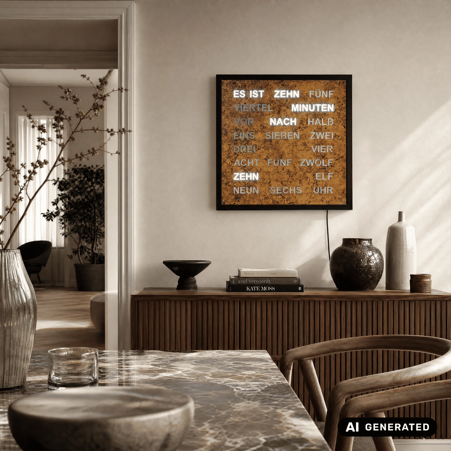 AMS T1273 Wall Clock Gold-Brown • Word Clock with LED Display • 220V Mains Powered