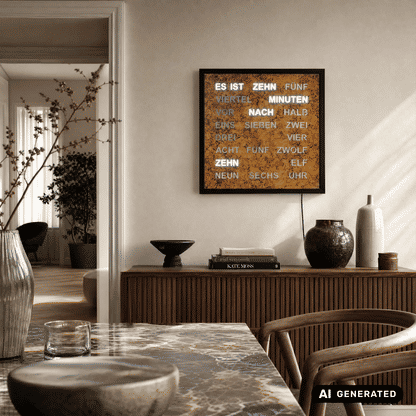 AMS T1273 Wall Clock Gold-Brown • Word Clock with LED Display • 220V Mains Powered