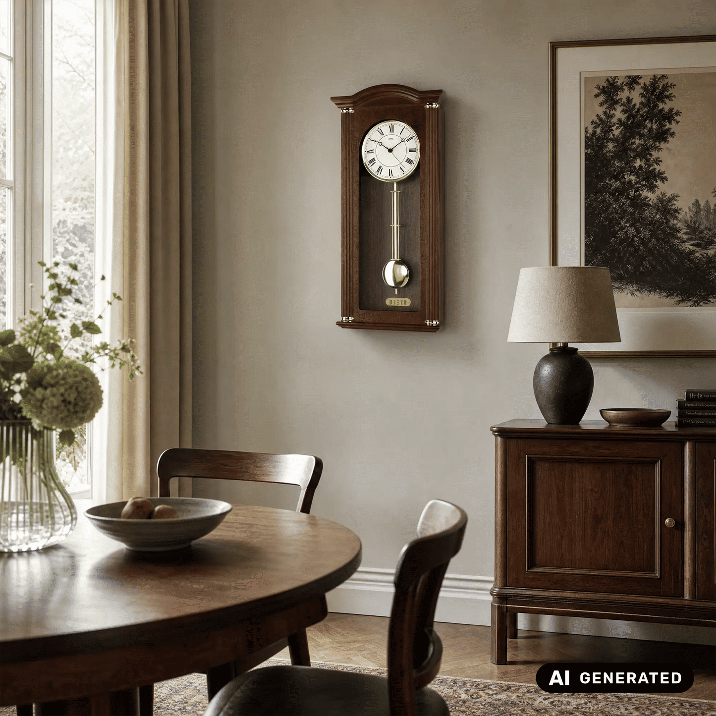 Zegar ścienny AMS W7014/1 orzech • mechanizm Westminster/Bim-Bam • mechanizm kwarcowy z wahadłem
