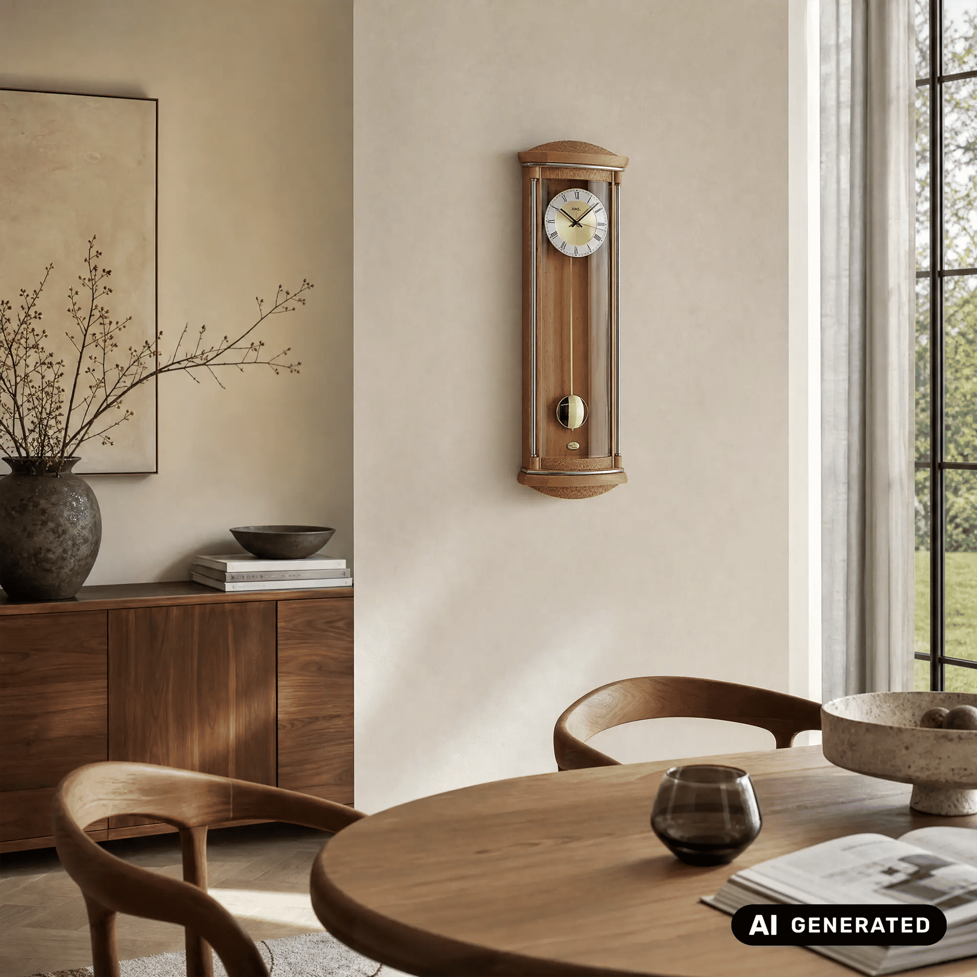 Holz-Wanduhr an der Wand mit Glasgehäuse und Pendel, rundes Zifferblatt