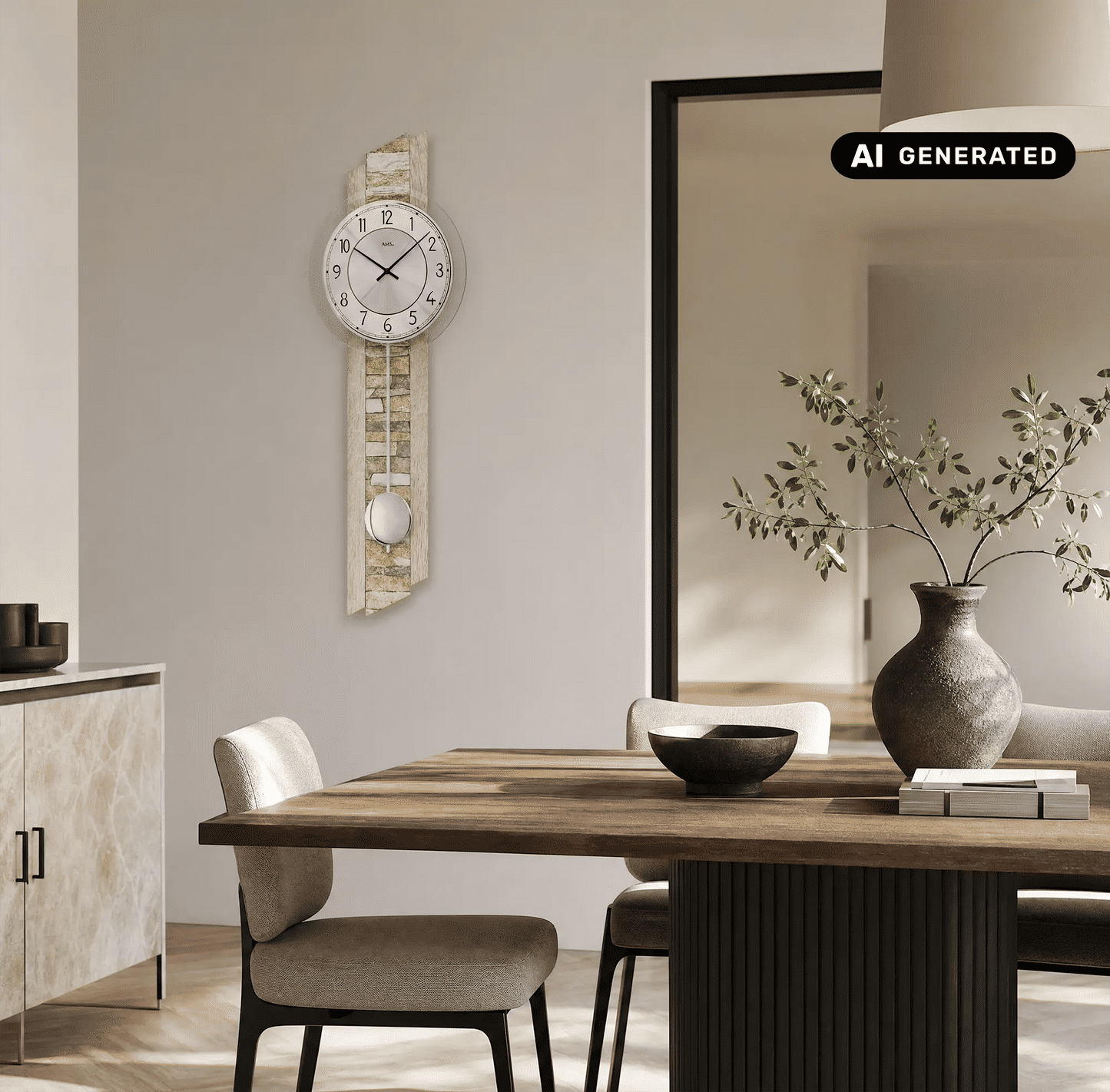 Wanduhr an der Wand mit rundem weißem Zifferblatt, Steinoptik-Rahmen und Pendel