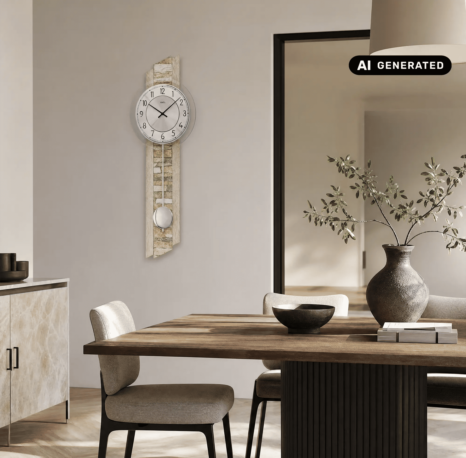 Wanduhr an der Wand mit rundem weißem Zifferblatt, Steinoptik-Rahmen und Pendel