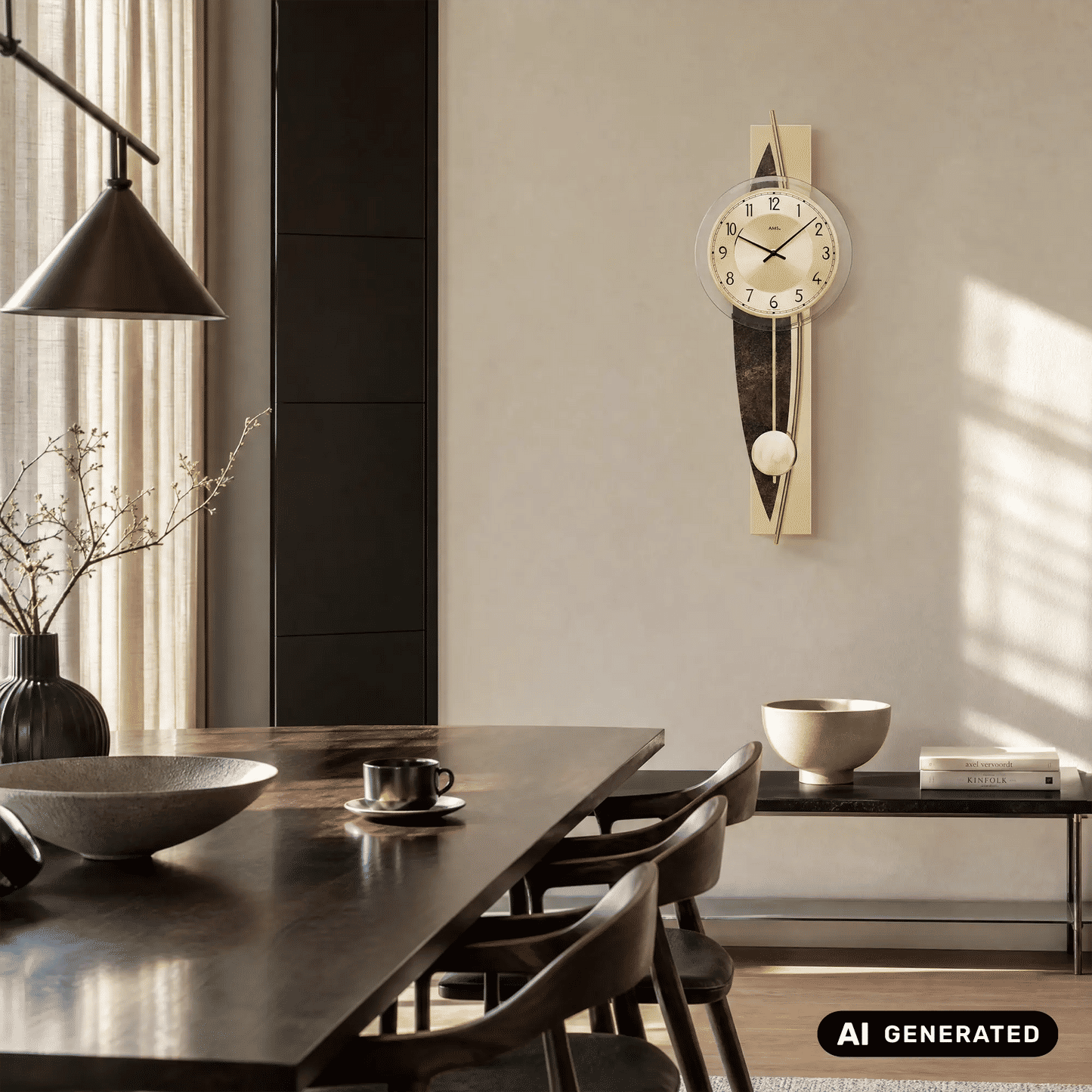 AMS Design W7453 Wall Clock • Quartz Pendulum Movement • Brass Details