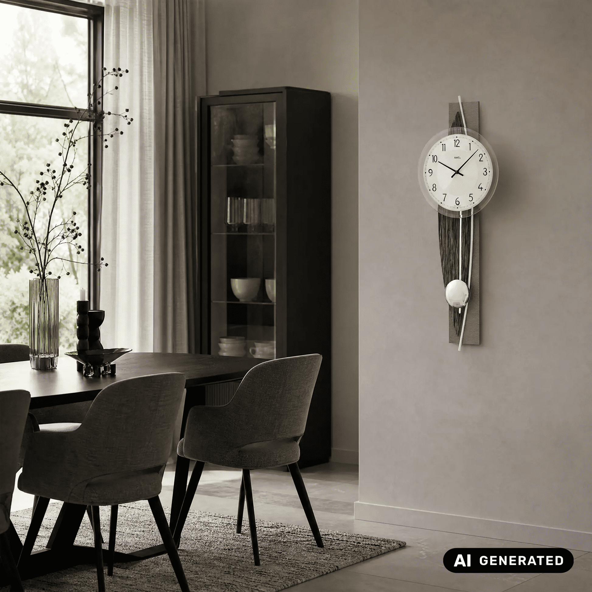 Wanduhr an der Wand: rundes Zifferblatt, Holzdekorstreifen und Pendelkugel
