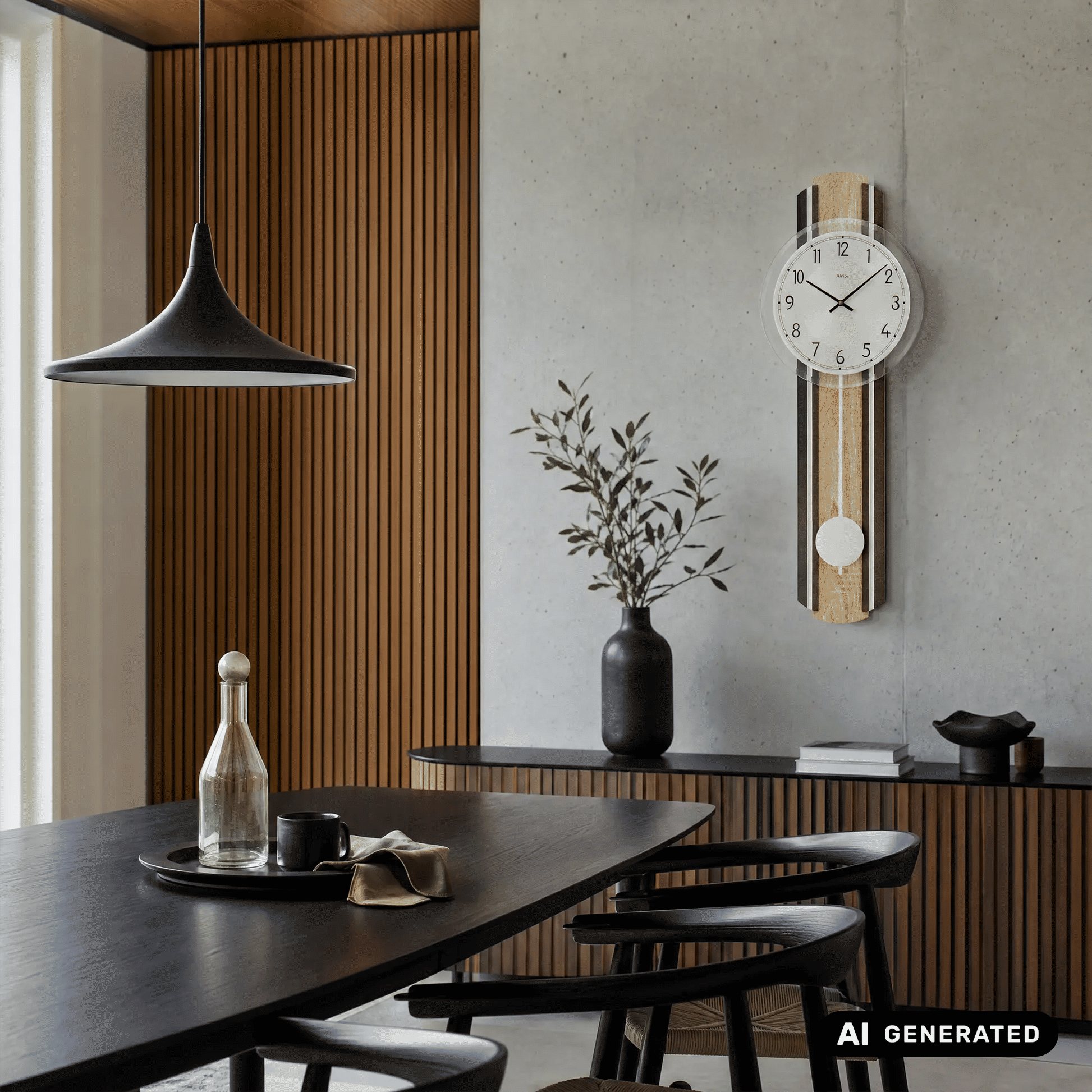 Wanduhr an der Wand: rundes Glas-Zifferblatt mit Holz-Optik und Pendel