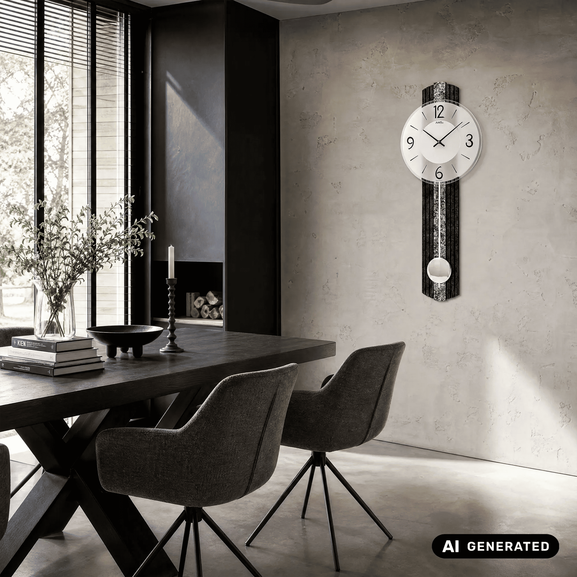 Wanduhr an Wand, rundes weißes Zifferblatt und pendelnde Kugel im dunklen Rahmen