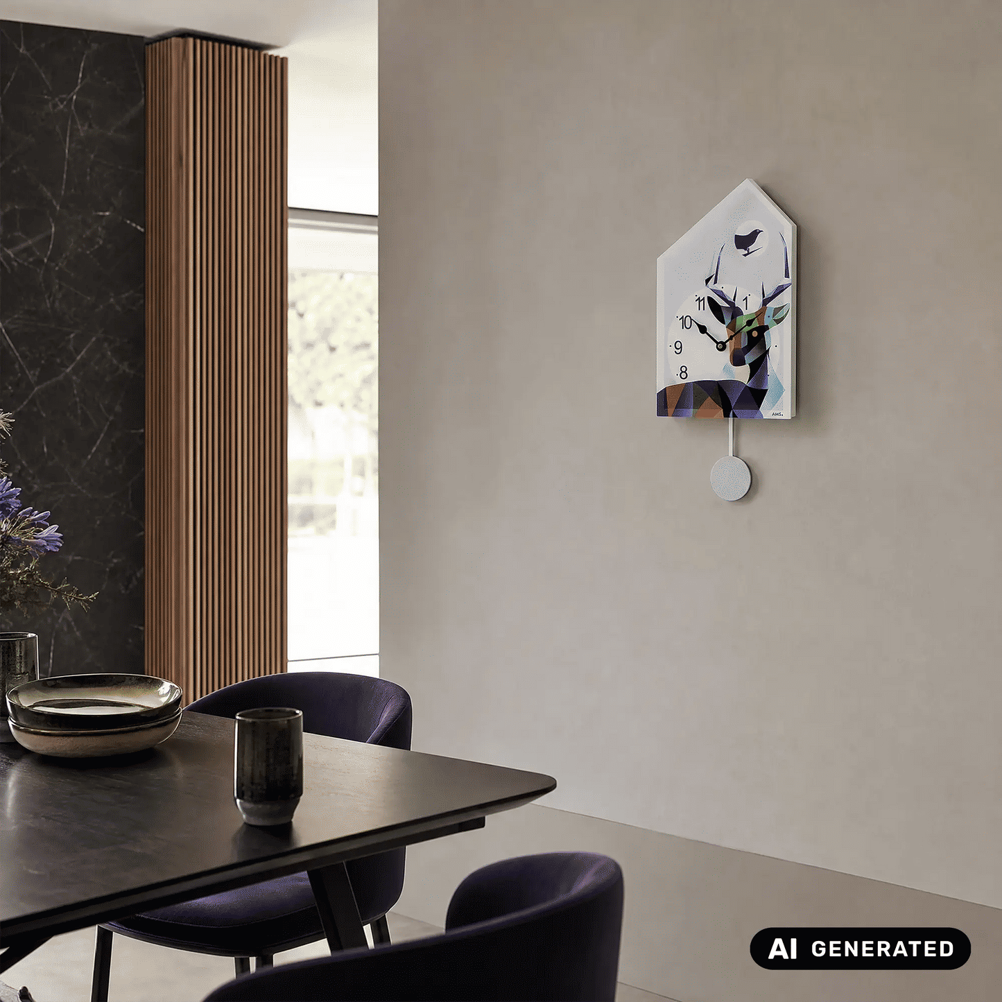 Wanduhr im Hausformat mit Vogelmotiv, Ziffernblatt und weißer Pendelkugel
