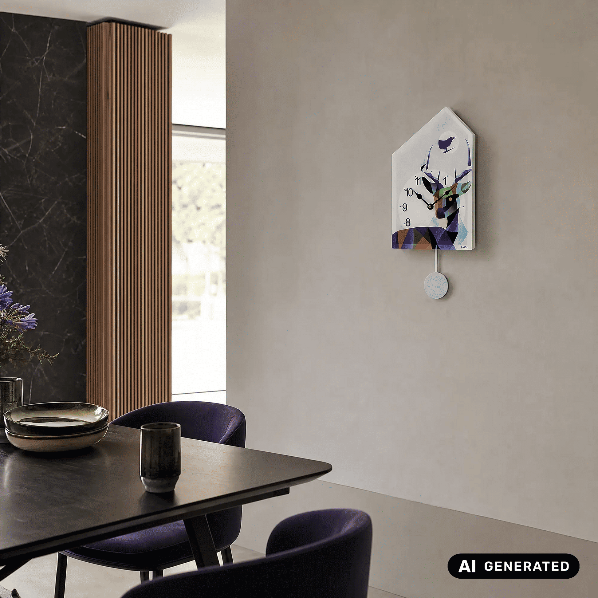 Wanduhr im Hausformat mit Vogelmotiv, Ziffernblatt und weißer Pendelkugel