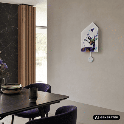 Wanduhr im Hausformat mit Vogelmotiv, Ziffernblatt und weißer Pendelkugel